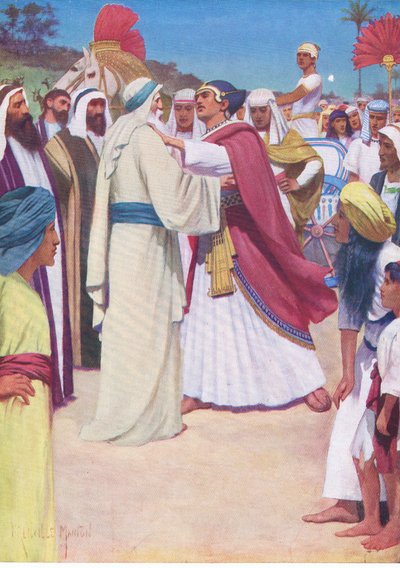 Jacob and Joseph meet, from The Bible Picture Book published by Thomas Nelson, c.1950 by English School